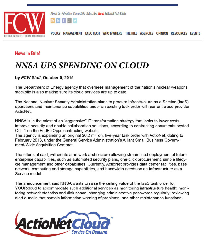 ActioNet Featured in FCW for Cloud Services Offerings