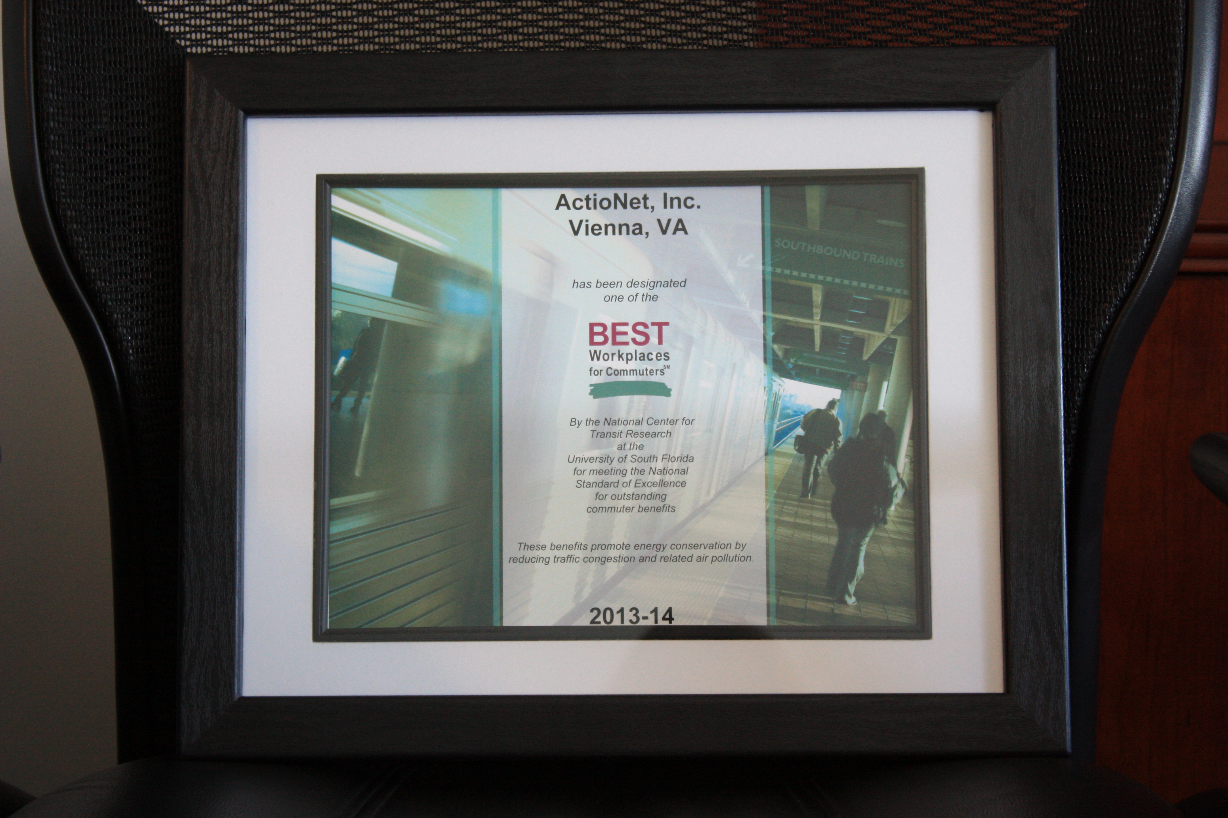 ActioNet is One of the Fairfax County Best Workplaces for Commuters Certificate
