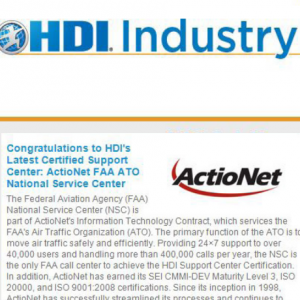 HDI's Latest Certified Support Center: ActioNet FAA ATO National Service Center