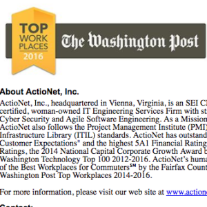 ActioNet Named Washington Post Top Workplaces, 3rd Year in a Row