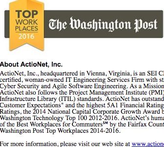 ActioNet Named Washington Post Top Workplaces, 3rd Year in a Row