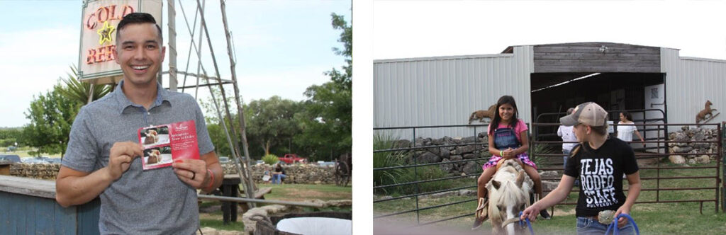 ActioNeter Joseph (left photo) showing off his gift card winnings while Angelas daughter displays her cowgirl skills (right picture)