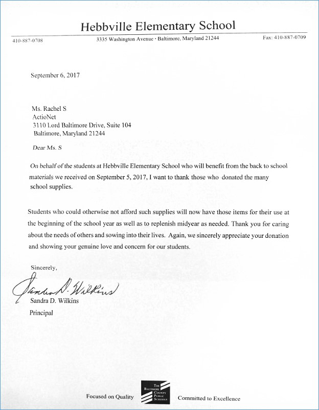 Thank you letter from the principal of Hebbville Elementary School