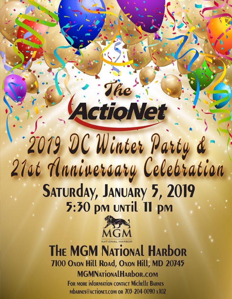 Poster advertising the annual ActioNet winter party and 21st anniversary celebration