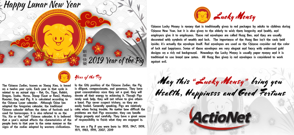 Each ActioNeter Received a Hung Bao with Information about the Holiday and Year of the Pig