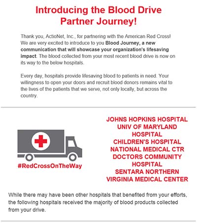 E-mail Received from the American Red Cross Documenting ActioNet's Blood Drive Journey