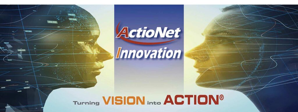 Two high tech faces looking at the ActioNet Innovation Logo