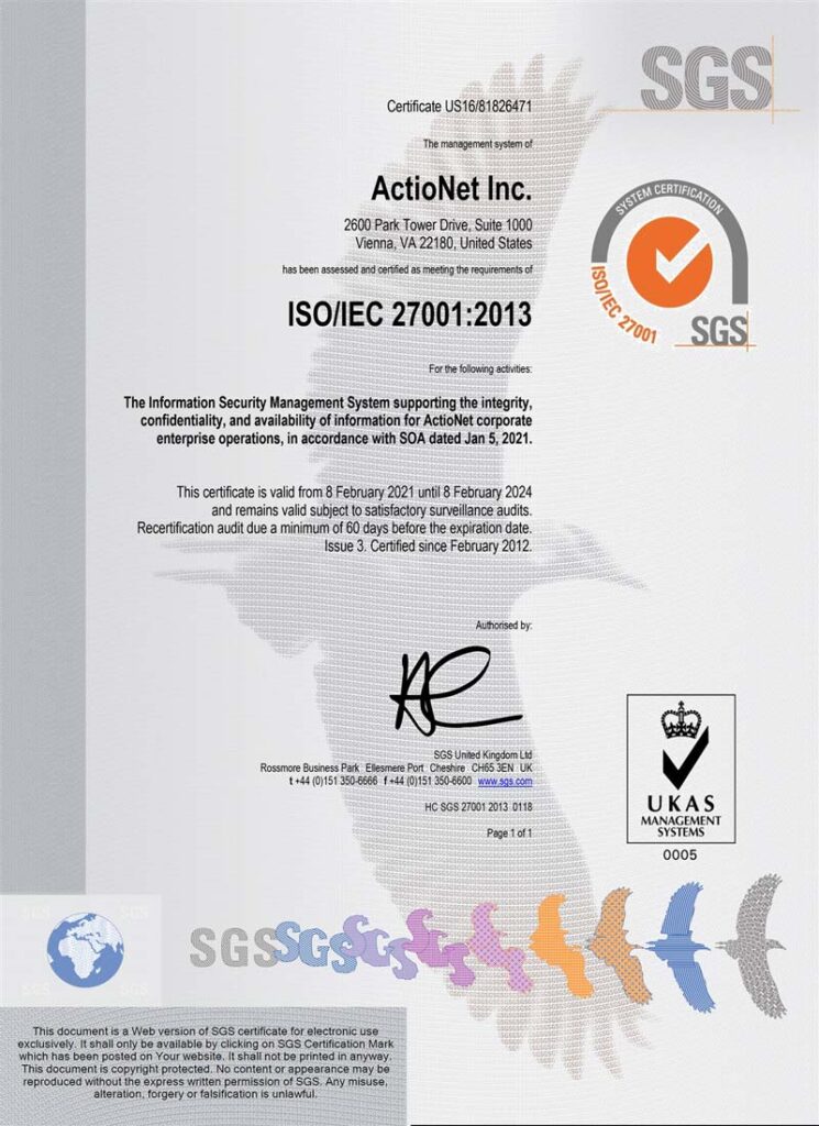 ActioNet ISO 27001:2013 Certification